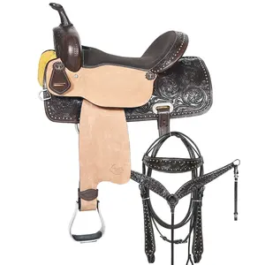 Selle de cheval occidentale usinée à la main 100% cuir de vachette confortable et durable pour une utilisation équestre-Barrel Racing Pleasure Trail - Product Image 1