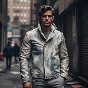 Vestes à la mode de style de rue pour hommes, blanc délavé à l'acide, veste en cuir personnalisée avec fermeture éclair et délavage vintage - Product Image 4