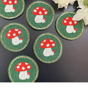 Whimsical Mushroom Patterned Eco-Friendly Customizable Beaded <b>Coasters</b> Silk Screen Printed <b>Green</b> Spring Table Decor for Home - Product Image 5