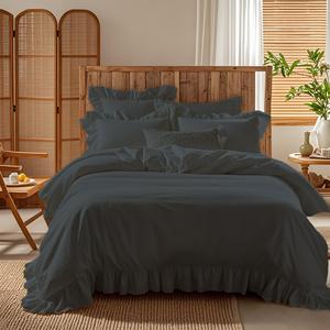 Parure de lit de luxe en satin noir respirant en polycoton, drap-housse à volants pour lit double, taies d'oreiller, technique de tissage unie - Product Image 2