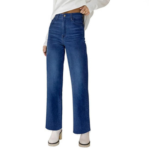 Jeans pour femmes taille haute personnalisés jambe droite pantalon baggy effiloché ourlet brut lâche extensible recadrée jambe large solide jeans pour femmes - Product Image 3