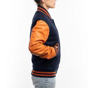 Veste de sport pour femme sur mesure en laine bleu royal et manches en cuir orange brûlé, respirante - Product Image 2