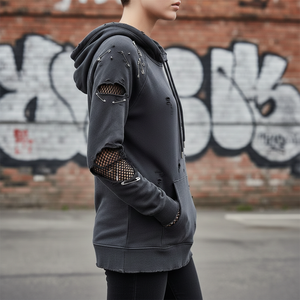 Sudadera con Capucha Personalizable para Mujer, Color Gris Carbón Desgastado, Adornos de Imperdible en la Parte Delantera, Transpirable, Ecológica, con Dobladillo sin Rematar - Product Image 3