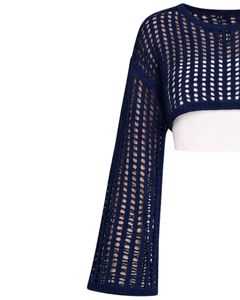 Customized <b>Navy</b> <b>Blue</b> Crochet Knit Cropped Sweater <b>Women</b> Openwork Flare Sleeve Lightweight Fashion Top For Spring Summer - Product Image 2
