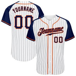 Ropa de equipo personalizada superventas, camiseta de béisbol con mangas raglán auténtica blanca y azul marino a rayas azul marino-naranja personalizada - Product Image 1