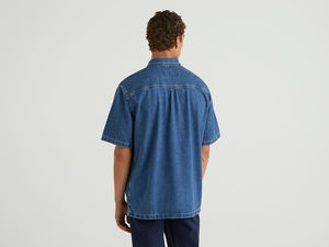 เสื้อเชิ้ตผ้าแฟลนเนล ผ้าฝ้ายใยไผ่ ยืดหยุ่น สีน้ำเงิน ดำ ขาว ผ้าเดนิม เสื้อลำลองผู้ชาย แห้งเร็ว ระบายอากาศได้ดี แขนสั้น - Product Image 4