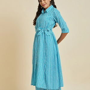 El último diseñador con estampado floral, hermosa Ropa Étnica, Kurti recto azul turquesa listo para usar con pantalones Palazzo, conjuntos de Ropa Étnica - Product Image 1