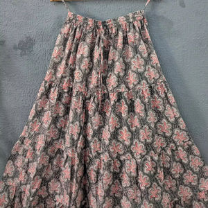 Elegant Grey Floral Tiered Maxi <b>Skirt</b> crafted in soft breathable cotton for effortless style and festive comfort - Product Image 1