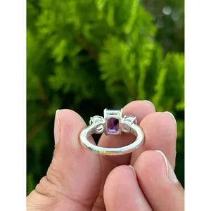Vintage 925 <b>Silver</b> <b>Ring</b> with <b>Emerald</b> Cut Diamond Oval Cut Natural Amethyst Moonstone Rhodium Plated Car Pattern Engagement Style - Product Image 5