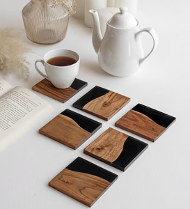 Sous-verre en bois de résine époxy fait à la main fournisseur de gros meilleur prix vente en vrac chaude sous-verre en résine noire et en bois - Product Image 4