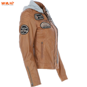 Veste de motard en cuir beige véritable pour femmes élégantes coupe ajustée capuche amovible fermeture éclair avant à la mode course teint uni respirant - Product Image 3