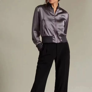 High Quality Classics Ladies Oversized Satin Bomber <b>Jacket</b> Polyester Satin Loose <b>Women's</b> Full Zip Pockets Long Sleeve - Product Image 5