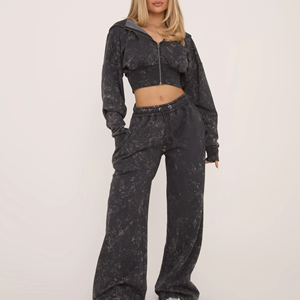 Conjunto de Sudadera Corta y Pantalones de Chándal de Algodón Personalizados, Estilo Vintage Lavado Ácido, Pantalones Anchos de Pierna Ancha, Estilo Urbano, Chándal Corto - Product Image 3