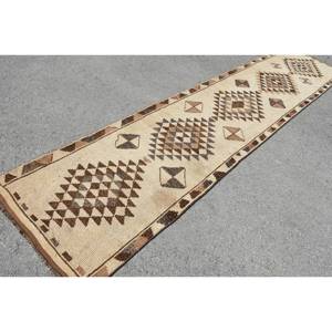 Alfombra de lana Kilim turca Vintage de 3x13,7 pies, tejido plano ecológico beige y marrón con patrón de retazos para adolescentes - Product Image 2