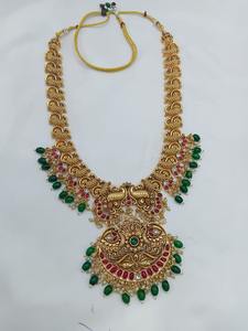 Traditional South Indian Temple <b>Long</b> <b>Necklace</b> Set with Gold Plated Vintage Design Crystal Rhinestone Earrings for Wedding Party - Product Image 2