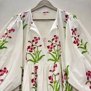 Vestido Midi Kyra de algodón bohemio de alta calidad para mujer, estampado de bloques florales rosas, corte corto, regalo perfecto para los seres queridos - Product Image 2