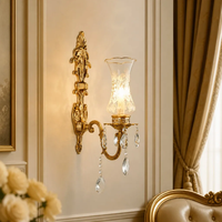 Applique murale en cuivre et cristal, abat-jour en verre gravé classique, E14, lampe décorative de luxe pour salon, chambre, couloir, hôtel