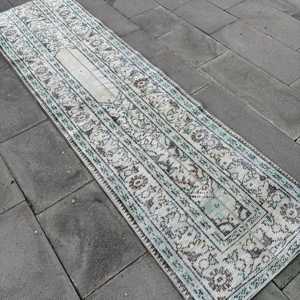 Alfombra Turca Vintage de Lana, 2.3x8.4 pies, Gris Azul Degradado - Product Image 4