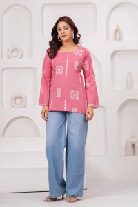 Kurta Rosa de Algodón para Mujer con Estampado Blanco Pintado a Mano, Corte Holgado, Ropa Étnica para Uso Diario Informal, Largo Regular, Estilo Indio - Product Image 6