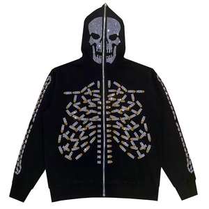 New Fashion Rhinestone Skeleton Full Face Zip Hoodie Street wear Heavy <b>Weight</b> Full Zip up Hoodie for Men <b>Women</b> - Product Image 5