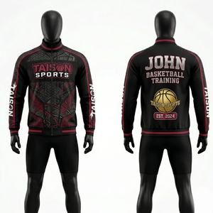 Chaqueta de Baloncesto Premium de Poliéster y Spandex de 320 GSM, Diseño de Paneles en Negro y Rojo, Impresión por Sublimación, Logotipo Personalizado, Ropa de Entrenamiento - Product Image 1