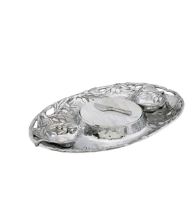 Assiette de service en acier inoxydable à trempette en métal fini argenté au design unique - Product Image 3