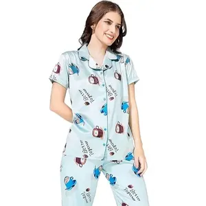 Femmes Satin thé tasse imprimé nuit costumes chemise et pyjama ensemble haute qualité pur coton luxe vêtements de nuit pyjamas