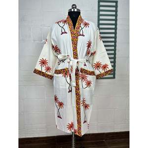 Hand-Printed Botanical Floral Kimono Pure Cotton Gaufr Perfect Summer Spa Bath Robe <b>Beach</b> Coverup Bloom Swimwear <b>Accessory</b> - Product Image 1