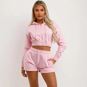 Custom Two Piece Distressed Woman Cotton Blank <b>Zip</b> up Cropped Sweatsuits Jogging Hoodie Tracksuits 2 Piece <b>Shorts</b> Set for Women - Product Image 2