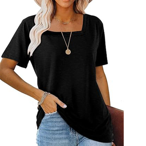 Women's Casual Square Neck Short Sleeve <b>TShirt</b> Solid Color Basic Top Embroidery Print Design Made Polyester Canvas Material Logo - Product Image 1