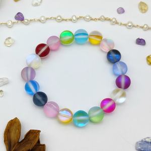 Rainbow Iridescent Mermaid Glass <b>Bracelet</b> 10mm Mystic Aura Beads Holographic Stretch Summer Jewelry for Women - Product Image 6