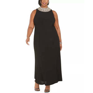 Robe longue fourreau en mousseline noire ornée à col montant pour femme grande taille, taille 20W, taille XL - Product Image 1