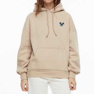 Sweat-shirt à capuche beige surdimensionné pour homme, coupe ample, manches classiques, poche avant, logo personnalisé, brodé, uni, hiver - Product Image 1