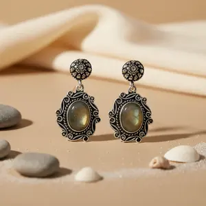 925 <b>Silver</b> Freshwater Pearl Drop <b>Earrings</b> for Women Gold Plated Labradorite with Emerald and Flower Shape <b>Dangle</b> Jewelry - Product Image 2