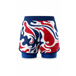 Short de bain décontracté pour homme à motif rouge, blanc et bleu, séchage rapide, avec cordon de serrage, longueur courte, taille mi-haute, en polyester - Product Image 3