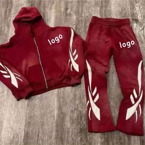 Venta al por mayor desgastado bordado verano Sweatsuit Sun Faded ácido lavado con capucha chándal con capucha conjunto - Product Image 3
