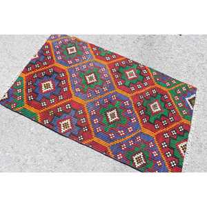 Petit tapis turc vintage 2,9x4,8 pieds, tapis uni rouge et bleu - Product Image 4