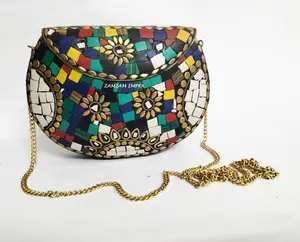 순수 수제 멀티 컬러 스톤 모자이크 금속 가방-그녀를위한 선물-로얄 빈티지 패션 성명 신부 지갑