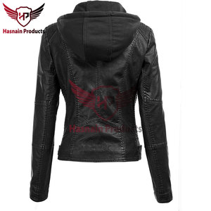 Chaqueta de cuero genuino negro para mujer, estilo motero, con cuello alto, paneles laterales acanalados, abrigo de piel de oveja, bolsillos con cremallera en la cintura, corte ajustado, estilo moderno. - Product Image 3