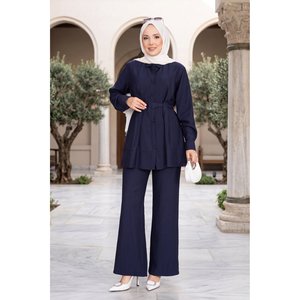 Conjunto de Dos Piezas de Túnica y Pantalones Azul Marino con Cinturón, Estilo Casual, Tejido de Punto, Corte Ajustado para la Temporada de Primavera - Product Image 1
