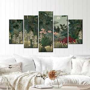 Impresión en lienzo de la exótica selva bajo la luz de la luna - Arte botánico exuberante, mezcla de 5 piezas: Gallery Wrap - Product Image 1