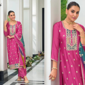 Diseñador fiesta y boda pesado puro Chinon seda secuencia bordado y codificación trabajo superior e inferior con bordado Dupatta - Product Image 1