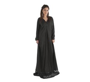 Direct Sale Women Supplier Elegant Bla <b>Abaya</b> Stylish Lace Bottom V-Neck Bamboo Button Decoration Floor-Length Free Size Natural - Product Image 1