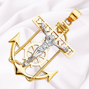 14k Jesus Mariner Unique Design <b>Crucifix</b> Anchor <b>Pendant</b> Two Tone <b>Gold</b> Silver Plated Diamond Zircon Christian Fashion Charm - Product Image 4