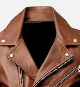 Veste en cuir de motard tan pour hommes avec fermeture à glissière Style hiver décontracté fini - Product Image 2