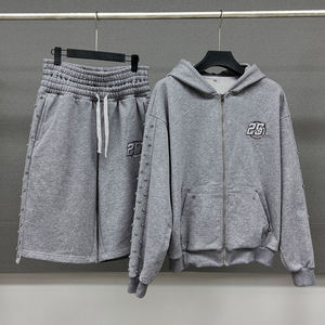 Custom Rhinestone Zip Up <b>Hoodie</b> & Shorts Set Heavyweight 100% Cotton Tech Fleece Tracksuit OEM Streetwear Windbreaker Set - Product Image 6