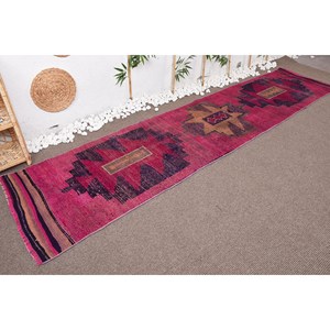 Tapis Kilim Style Turc Vintage 2.8X11.8 pieds Classique Rose Violet Patchwork Design Laine Jute avec Support en Latex pour Salon - Product Image 3
