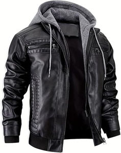 Nouvelle veste en simili cuir pour homme, veste de motard, imperméable, coupe-vent, veste en cuir véritable avec capuche amovible - Product Image 6