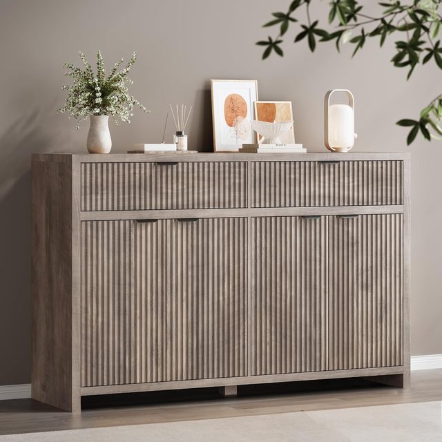Fluted Kitchen Furniture Sideboard Cabinet with 2 Storage Drawers and Modern Farmhouse Organizer Cabinet with Shelves for Home