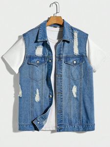 Chaleco de mezclilla para los hombres modernos Chaleco de mezclilla elegante vintage informal Un armario Esencial Desgastado Estilo fresco sin esfuerzo - Product Image 3